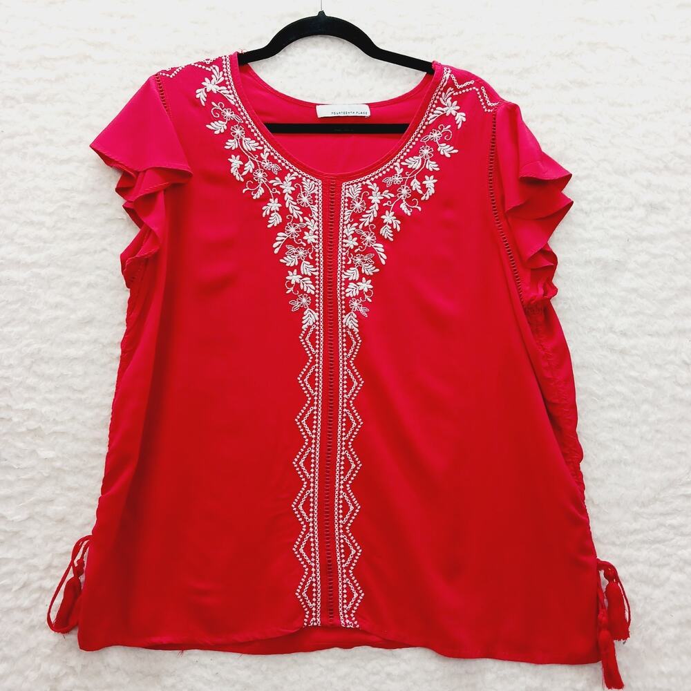 Blouse Embroidery Red Boho Ruched Ladder Lace Bloomcore Whimsycore Vacay Size 1X